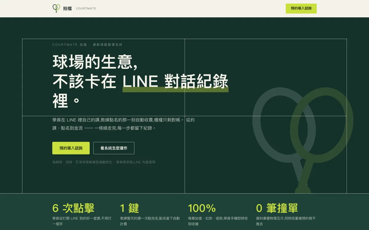 CourtMate 拍檔的產品首頁：球場的生意，不該卡在 LINE 對話紀錄裡