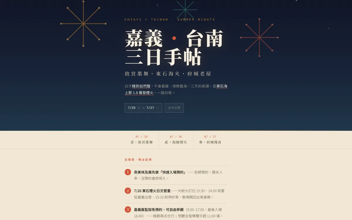 嘉義台南三日手帖的首頁與每日行程分頁